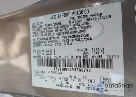 2005 Ford Mustang V6 Deluxe/V6 Premium из США, поврежденный, VIN 1ZVFT80N755186722